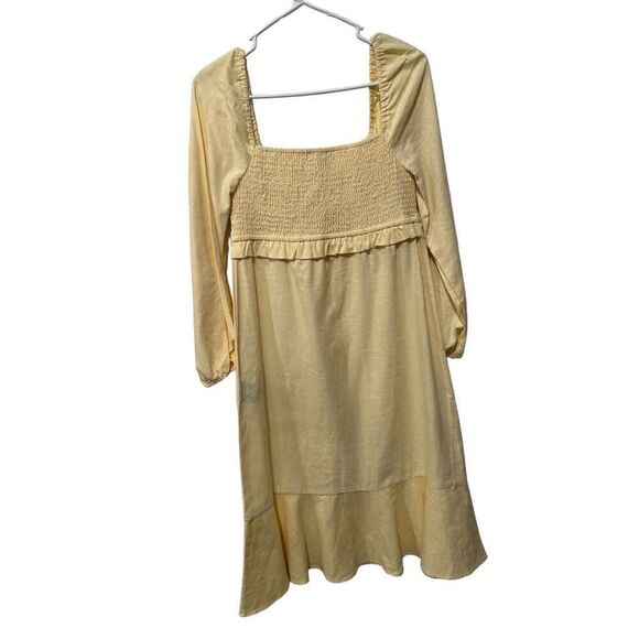 7 For All Mankind Puff Sleeves Smocked Linen Midi Dress Pastel Yellow Small NWT - Picture 6 of 13